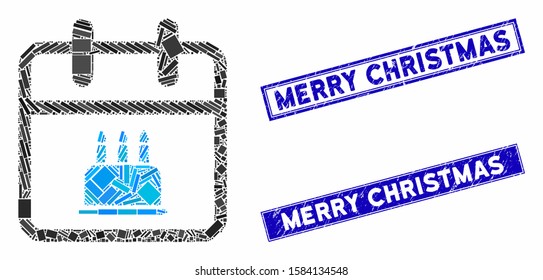 Mosaic birthday icon and rectangle Merry Christmas seals. Flat vector birthday mosaic icon of randomized rotated rectangle items. Blue Merry Christmas rubber seals with distress texture.