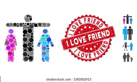 Mosaic bisexual person icon and rubber stamp seal with I Love Friend text. Mosaic vector is created from bisexual person icon and with randomized round elements.