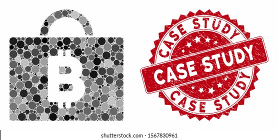 Mosaic Bitcoin accounting case and grunge stamp seal with Case Study phrase. Mosaic vector is created with Bitcoin accounting case icon and with randomized circle items.