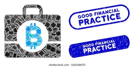 Mosaic Bitcoin accounting case and rubber stamp seals with Good Financial Practice phrase. Mosaic vector Bitcoin accounting case is composed with scattered rectangle items.