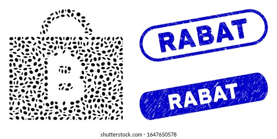 Mosaic Bitcoin accounting case and rubber stamp watermarks with Rabat phrase. Mosaic vector Bitcoin accounting case is formed with random ellipse dots. Rabat stamp seals use blue color,