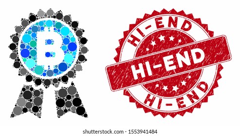 Mosaic Bitcoin award seal and rubber stamp watermark with Hi-End text. Mosaic vector is formed with Bitcoin award seal icon and with randomized spheric elements. Hi-End seal uses red color,