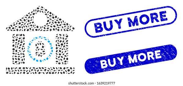 Mosaic Bitcoin bank building and distressed stamp seals with Buy More text. Mosaic vector Bitcoin bank building is composed with random oval pieces. Buy More stamp seals use blue color,