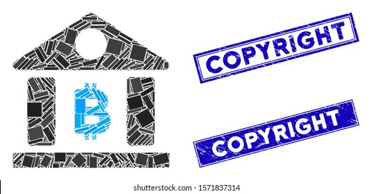 Mosaic Bitcoin bank building icon and rectangular Copyright seal stamps. Flat vector Bitcoin bank building mosaic pictogram of random rotated rectangular items.