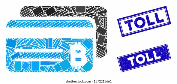 Mosaic Bitcoin bank cards pictogram and rectangular Toll seal stamps. Flat vector Bitcoin bank cards mosaic pictogram of random rotated rectangle elements. Blue Toll seal stamps with rubber surface.