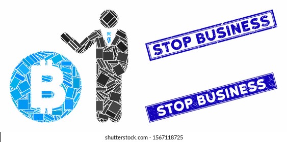Mosaic Bitcoin banker pictogram and rectangular watermarks. Flat vector Bitcoin banker mosaic pictogram of randomized rotated rectangular elements. Blue caption seal stamps with distress surface.