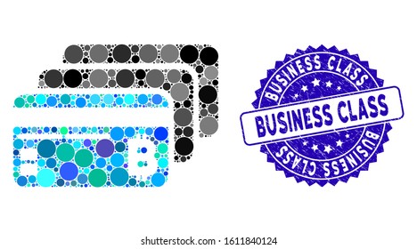 Mosaic Bitcoin banking cards icon and distressed stamp seal with Business Class phrase. Mosaic vector is formed with Bitcoin banking cards icon and with random circle elements.
