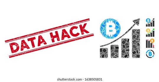 Mosaic Bitcoin bar chart trend icon and red Data Hack seal stamp between double parallel lines. Flat vector Bitcoin bar chart trend mosaic icon of scattered rotated rectangle items.