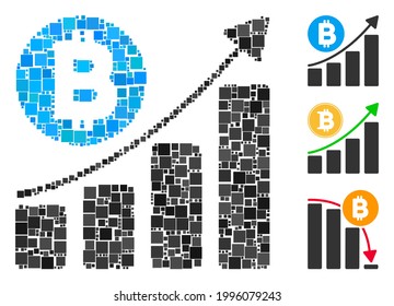 Mosaic Bitcoin bar chart trend icon united from square items in random sizes and color hues. Vector square items are grouped into abstract mosaic Bitcoin bar chart trend icon. Bonus icons are placed.