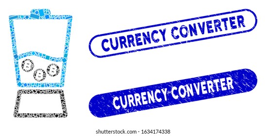 Mosaic Bitcoin blender and grunge stamp seals with Currency Converter text. Mosaic vector Bitcoin blender is designed with randomized rectangle items. Currency Converter stamp seals use blue color,