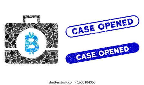 Mosaic Bitcoin business case and corroded stamp seals with Case Opened phrase. Mosaic vector Bitcoin business case is designed with random rectangle items. Case Opened stamps use blue color,