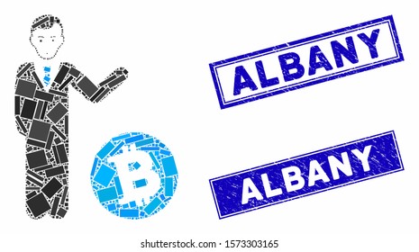Mosaic Bitcoin businessman pictogram and rectangular Albany seals. Flat vector Bitcoin businessman mosaic pictogram of random rotated rectangular elements.