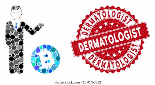 Mosaic Bitcoin businessman and rubber stamp seal with Dermatologist text. Mosaic vector is designed with Bitcoin businessman icon and with scattered circle elements.