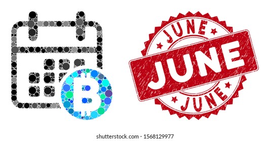 Mosaic Bitcoin calendar and distressed stamp seal with June phrase. Mosaic vector is composed with Bitcoin calendar icon and with randomized spheric spots. June stamp seal uses red color,