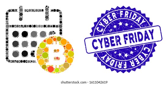 Mosaic Bitcoin calendar icon and corroded stamp watermark with Cyber Friday phrase. Mosaic vector is composed with Bitcoin calendar pictogram and with scattered round elements.
