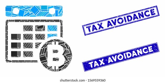Mosaic Bitcoin calendar pictogram and rectangle stamps. Flat vector Bitcoin calendar mosaic pictogram of randomized rotated rectangle elements. Blue caption seal stamps with scratched texture.