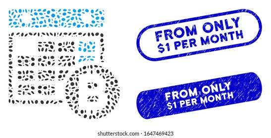 Mosaic Bitcoin calendar and rubber stamp seals with From Only $1 Per Month caption. Mosaic vector Bitcoin calendar is formed with random oval elements. From Only $1 Per Month seals use blue color,
