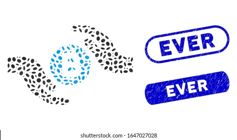 Mosaic Bitcoin care hands and distressed stamp seals with Ever text. Mosaic vector Bitcoin care hands is composed with randomized ellipse parts. Ever stamp seals use blue color,