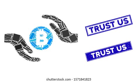 Mosaic Bitcoin care hands icon and rectangle Trust Us seal stamps. Flat vector Bitcoin care hands mosaic icon of randomized rotated rectangle elements. Blue Trust Us rubber stamps with dirty surface.