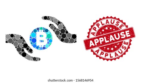 Mosaic Bitcoin care hands and rubber stamp watermark with Applause phrase. Mosaic vector is formed with Bitcoin care hands icon and with scattered circle items. Applause stamp seal uses red color,