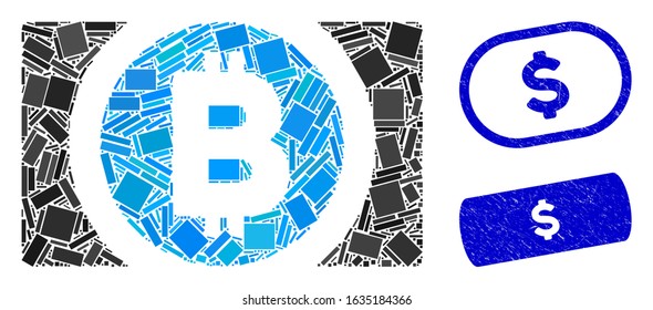Mosaic Bitcoin cash and rubber stamp seals with $ text. Mosaic vector Bitcoin cash is formed with scattered rectangle items. $ stamp seals use blue color, and have round rectangle shape.