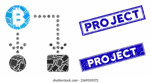 Mosaic Bitcoin cashflow icon and rectangle stamps. Flat vector Bitcoin cashflow mosaic icon of scattered rotated rectangle elements. Blue caption stamps with distress texture.