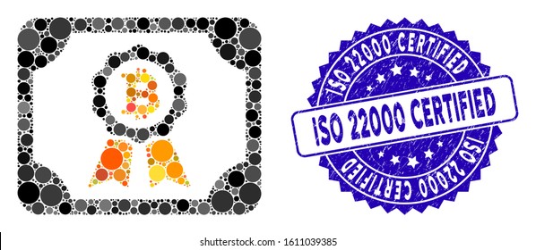 Mosaic Bitcoin certificate icon and rubber stamp seal with ISO 22000 Certified caption. Mosaic vector is formed with Bitcoin certificate pictogram and with randomized round spots.