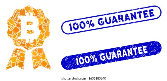 Mosaic Bitcoin certificate seal and grunge stamp watermarks with 100% Guarantee text. Mosaic vector Bitcoin certificate seal is created with randomized rectangle items.