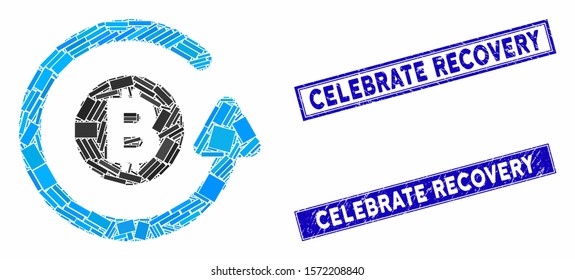 Mosaic Bitcoin chargeback pictogram and rectangle Celebrate Recovery seals. Flat vector Bitcoin chargeback mosaic pictogram of randomized rotated rectangle items.