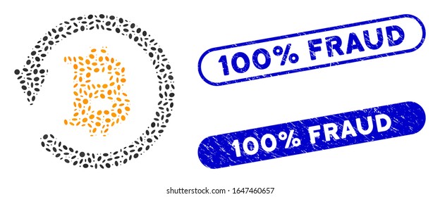Mosaic Bitcoin chargeback and rubber stamp seals with 100% Fraud phrase. Mosaic vector Bitcoin chargeback is designed with random elliptic items. 100% Fraud stamp seals use blue color,