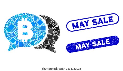 Mosaic Bitcoin chat and distressed stamp watermarks with May Sale text. Mosaic vector Bitcoin chat is composed with random rectangle items. May Sale stamp seals use blue color,