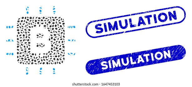 Mosaic Bitcoin chip and corroded stamp watermarks with Simulation text. Mosaic vector Bitcoin chip is formed with random elliptic dots. Simulation stamp seals use blue color,