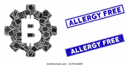 Mosaic Bitcoin cog wheel icon and rectangle Allergy Free stamps. Flat vector Bitcoin cog wheel mosaic icon of random rotated rectangle elements. Blue Allergy Free stamps with dirty textures.