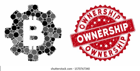 Mosaic Bitcoin cog wheel and rubber stamp watermark with Ownership text. Mosaic vector is formed with Bitcoin cog wheel icon and with randomized spheric elements. Ownership seal uses red color,