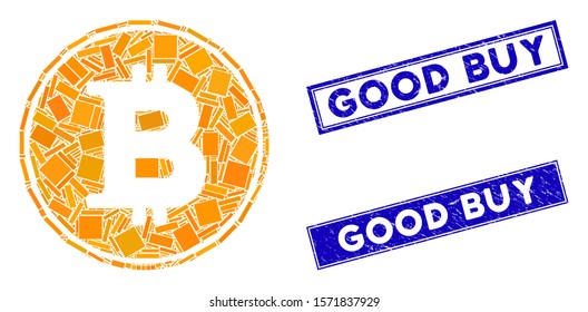 Mosaic Bitcoin coin icon and rectangle Good Buy seals. Flat vector Bitcoin coin mosaic icon of random rotated rectangle items. Blue Good Buy seals with distress surface.