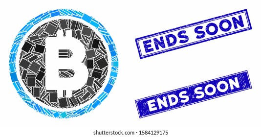 Mosaic Bitcoin coin icon and rectangle Ends Soon stamps. Flat vector Bitcoin coin mosaic icon of randomized rotated rectangle items. Blue Ends Soon stamps with dirty textures.