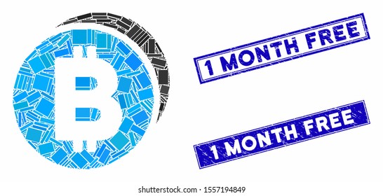 Mosaic Bitcoin coins icon and rectangle rubber prints. Flat vector Bitcoin coins mosaic icon of randomized rotated rectangle items. Blue caption rubber stamps with corroded surface.