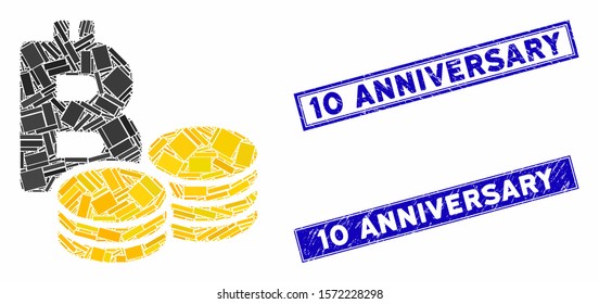 Mosaic Bitcoin coins icon and rectangle 10 Anniversary stamps. Flat vector Bitcoin coins mosaic icon of scattered rotated rectangle items. Blue 10 Anniversary rubber stamps with distress surface.