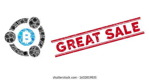 Mosaic Bitcoin collaboration icon and red Great Sale stamp between double parallel lines. Flat vector Bitcoin collaboration mosaic icon of scattered rotated rectangular items.