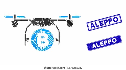 Mosaic Bitcoin copter icon and rectangular Aleppo rubber prints. Flat vector Bitcoin copter mosaic icon of scattered rotated rectangular items. Blue Aleppo rubber stamps with grunge textures.