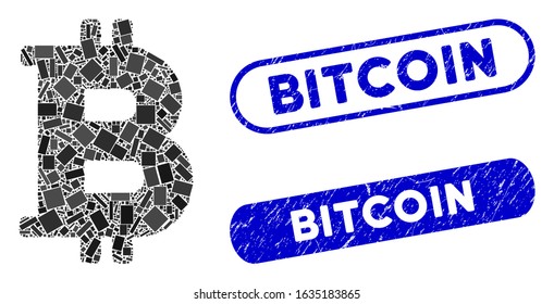Mosaic Bitcoin and corroded stamp seals with Bitcoin text. Mosaic vector Bitcoin is composed with random rectangle items. Bitcoin stamp seals use blue color, and have round rectangle shape.