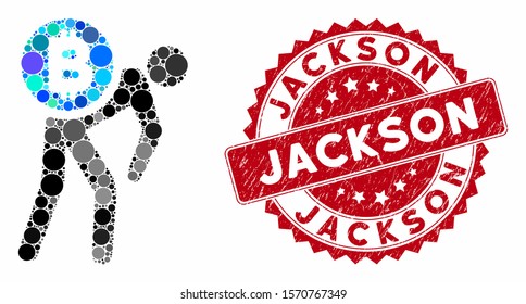 Mosaic Bitcoin courier man and distressed stamp seal with Jackson text. Mosaic vector is composed with Bitcoin courier man icon and with scattered round items. Jackson stamp seal uses red color,