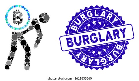 Mosaic Bitcoin courier person icon and corroded stamp seal with Burglary phrase. Mosaic vector is created from Bitcoin courier person icon and with random round items.