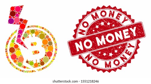 Mosaic Bitcoin crash lightning and grunge stamp seal with No Money phrase. Mosaic vector is formed with Bitcoin crash lightning icon and with randomized spheric elements.