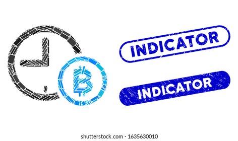 Mosaic Bitcoin credit clock and corroded stamp seals with Indicator text. Mosaic vector Bitcoin credit clock is composed with random rectangle items. Indicator stamp seals use blue color,