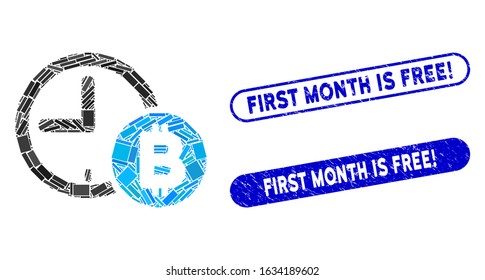 Mosaic Bitcoin credit clock and grunge stamp seals with First Month Is Free! phrase. Mosaic vector Bitcoin credit clock is created with randomized rectangle items.