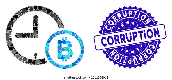 Mosaic Bitcoin credit clock icon and rubber stamp seal with Corruption text. Mosaic vector is composed with Bitcoin credit clock pictogram and with scattered spheric elements.
