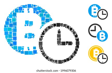 Mosaik Bitcoin Credit Clock Symbol aus quadratischen Elementen in unterschiedlichen Größen und Farbtönen. Vektorquadratische Elemente sind in abstraktes Mosaik Bitcoin-Credit-Clock-Icon zusammengesetzt. Bonussymbole werden hinzugefügt.