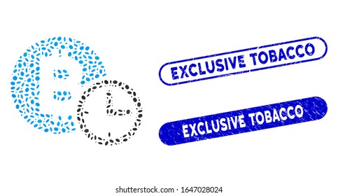 Mosaic Bitcoin credit clock and rubber stamp seals with Exclusive Tobacco text. Mosaic vector Bitcoin credit clock is created with randomized oval items. Exclusive Tobacco stamp seals use blue color,