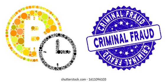 Mosaic Bitcoin credit time icon and grunge stamp watermark with Criminal Fraud phrase. Mosaic vector is formed with Bitcoin credit time icon and with randomized round items.